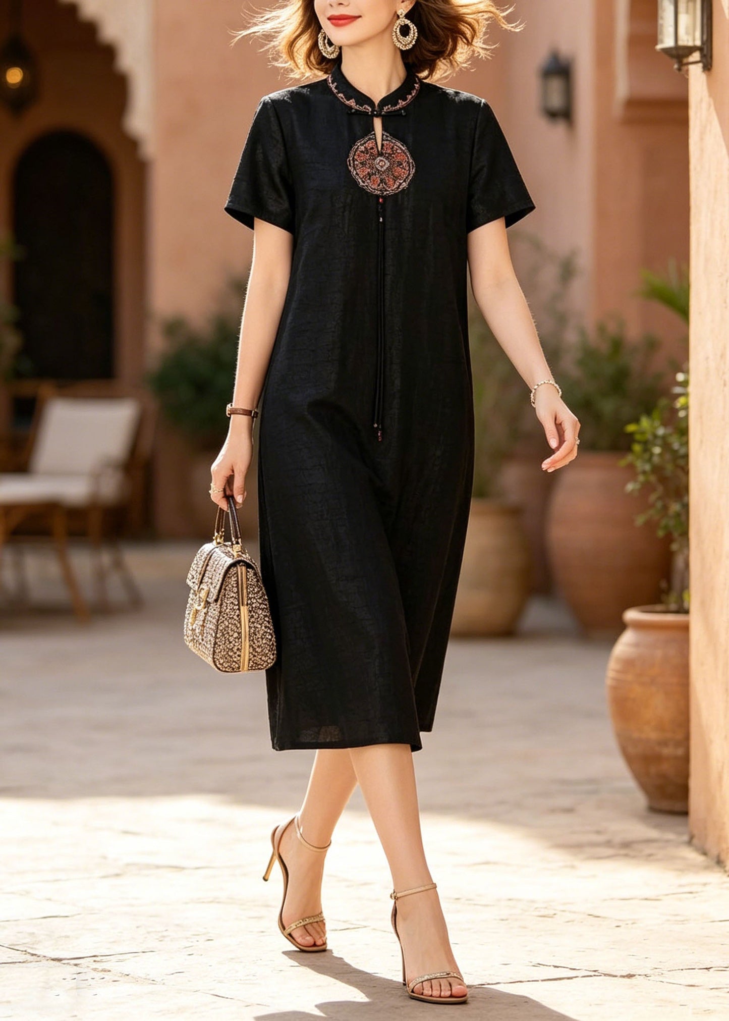 Chinese Style Black Stand Collar Embroidered Silk Dresses Summer