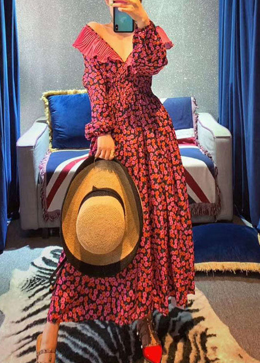 Red Ruffles V Neck Cinched Print Chiffon Long Dress Spring