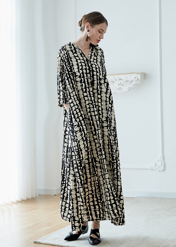 Black V Neck Print Pockets Chiffon Robe Dresses Summer