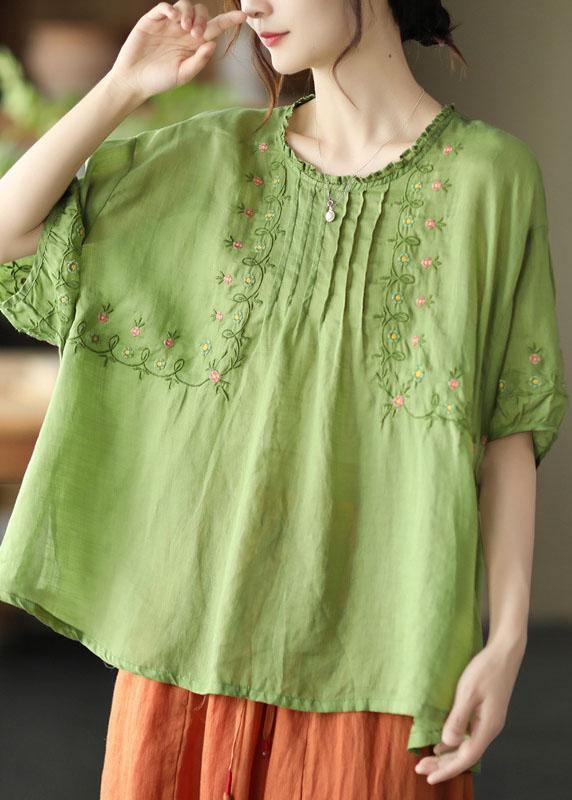 Black O-neck Embroideried Summer Ramie Half Sleeve