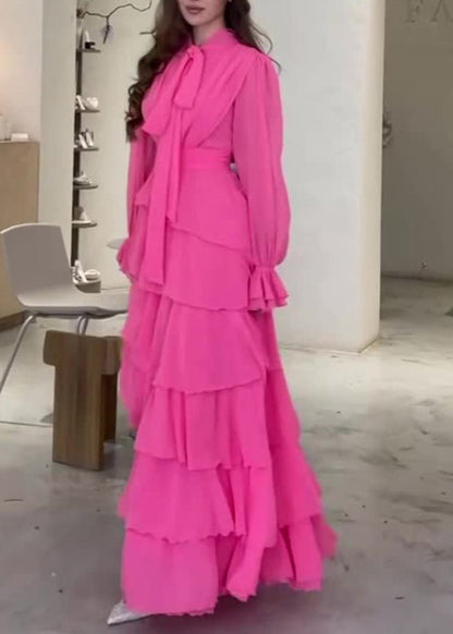 Rose Bow Ruffled Patchwork Chiffon Long Dress Fall