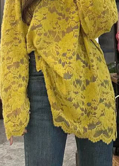 Yellow O Neck Hollow Out Lace Top Long Sleeve