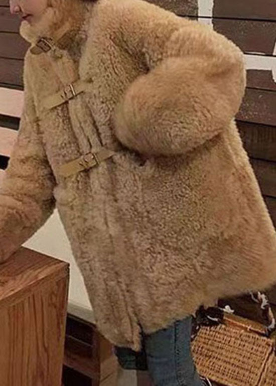 Camel Buckle Strap Patchwork Faux Fur Jacket Winter