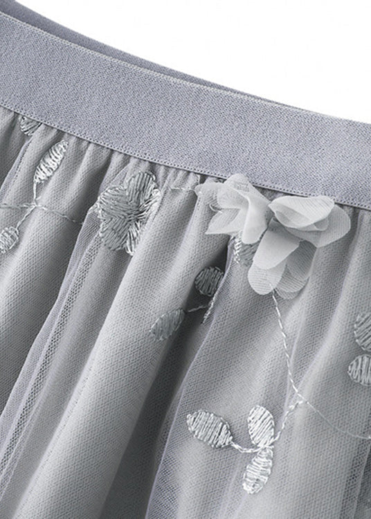 Simple Grey Embroideried Elastic Waist Tulle a Line Skirts Spring