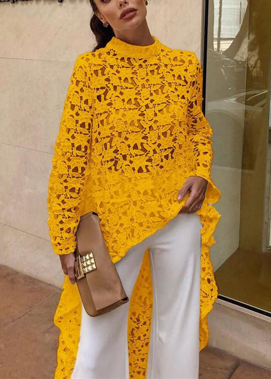 Yellow Irregular Short Before Long Hollow Out Lace Dress Spring
