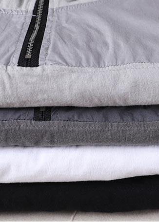 Fine Light Grey Zippered Patchwork Cotton T Shirt Summer