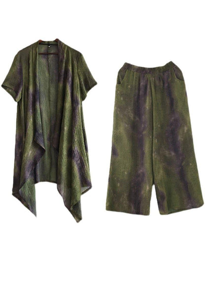 Green Silk Blended Tie Dye Asymmetrical Wide Leg Design Two Piece Set