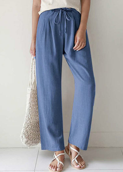 Blue Pockets Lace Up Cotton Pants Summer