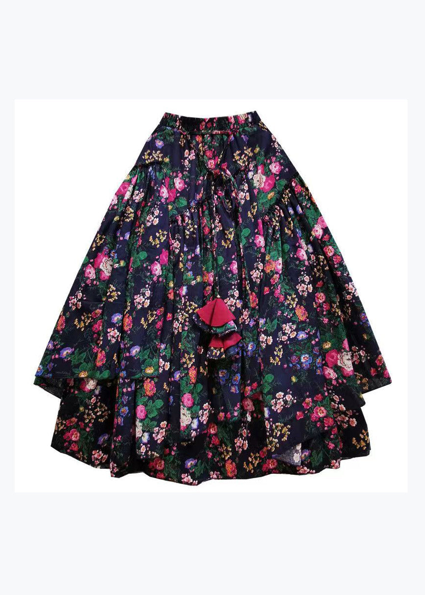 Navy Asymmetrical Print Exra Large Hem Cotton Skirts Spring