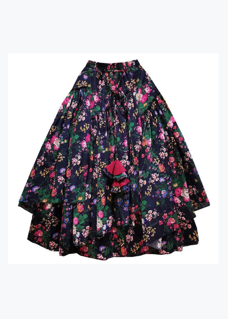 Navy Asymmetrical Print Exra Large Hem Cotton Skirts Spring