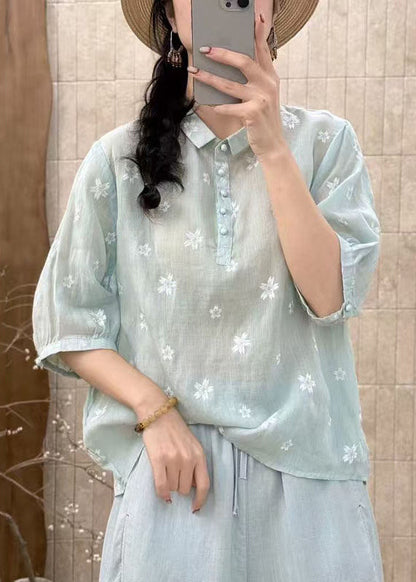 Art Navy Flower Embroidered Linen Pants Half Sleeve