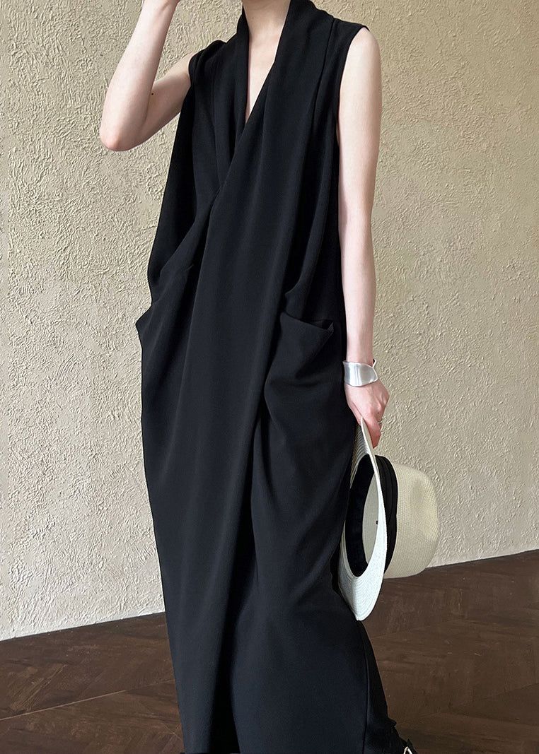 Black Asymmetrical Design Cotton Dress V Neck Sleeveless
