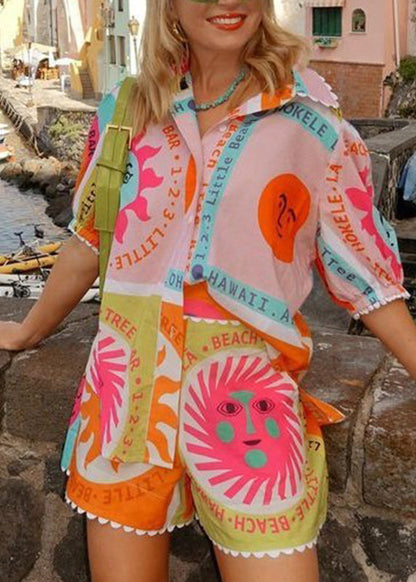 Rainbow Print Shirts and Shorts Two Piece Set Short Sleeve