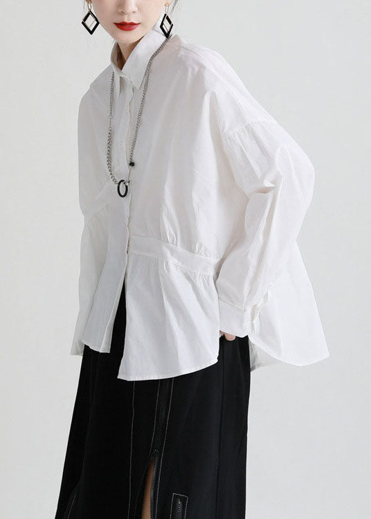 Modern White Peterpan Collar Button Patchwork Asymmetrical Design Fall Top Long Sleeve