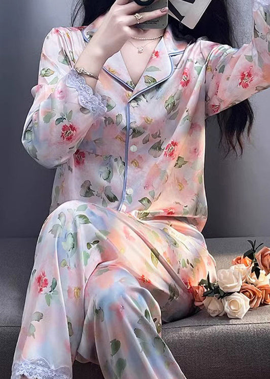 Photo Color Print Pockets Lace Silk Pajamas Two Pieces Set Spring