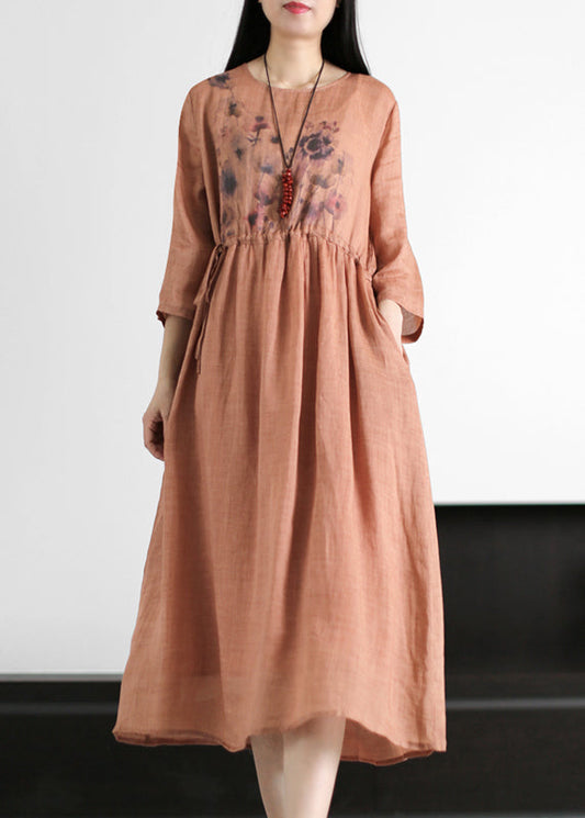 Red O-neck Drawstring Print Linen Dresses Long Sleeve