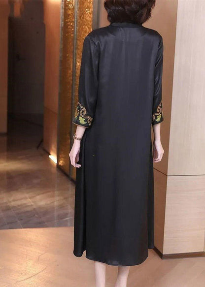 Modern Black V Neck Embroideried Button Trench Coat Long Sleeve
