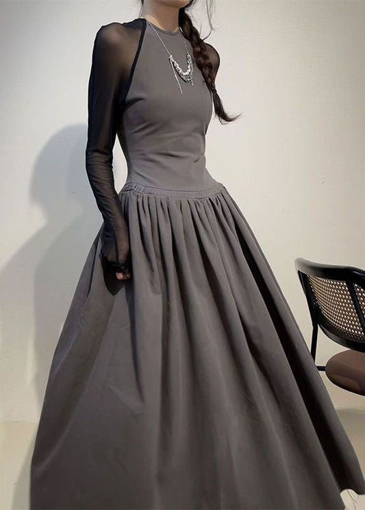 Grey O-neck Wrinkled Tulle Patchwork Long Dress Long Sleeve
