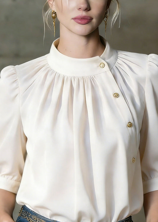 Stylish Apricot O-neck Button Silk Shirts Summer