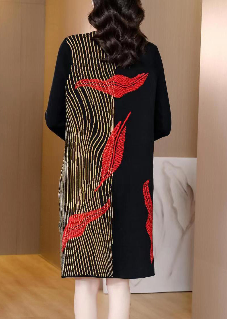 Black Asymmetrical Cozy Cotton Knit Mid Dress Winter
