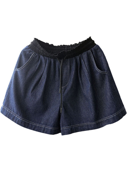 Navy Elastic Waist Drawstring Pockets Patchwork Linen Denim Shorts Summer