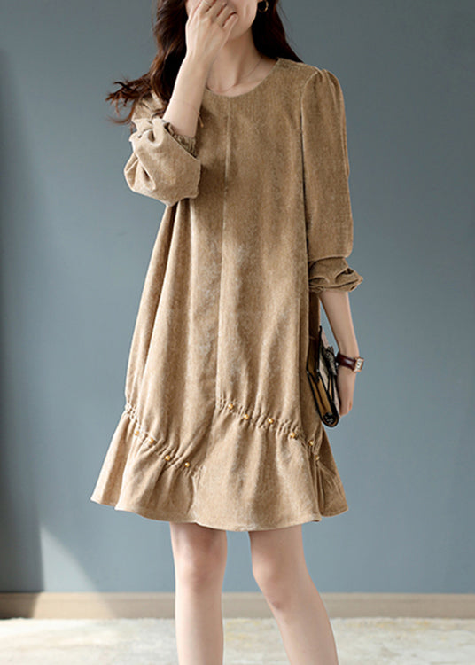 Khaki Wrinkled Nail Bead Velour Mid Dresses Spring