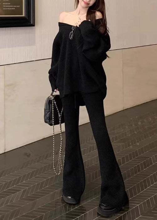 Black Sweaters and Flared Trousers Knit Two Pieces Set V Neck Spring
