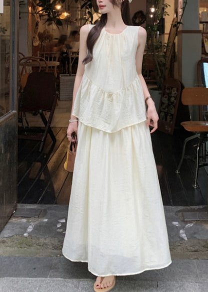 Black O-neck Patchwork Fake Two Pieces Silk Cotton Maxi Dress Sleeveless