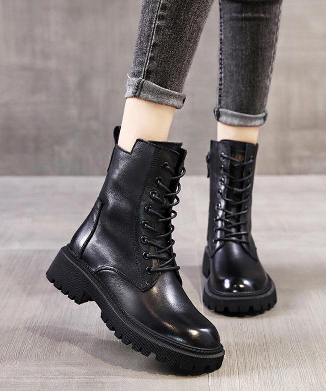 Black Boots Warm Fleece Lace Up Chunky Boots