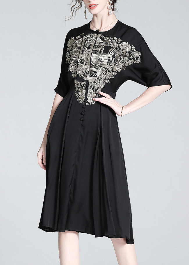 Italian Black O-neck Embroideried Button Silk Long Dress Summer