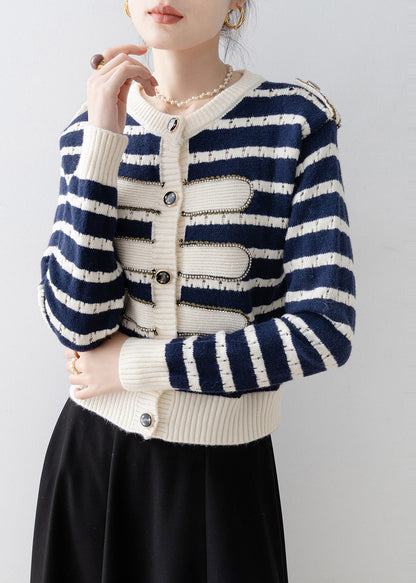 Navy O-neck Striped Knit Cardigan Spring