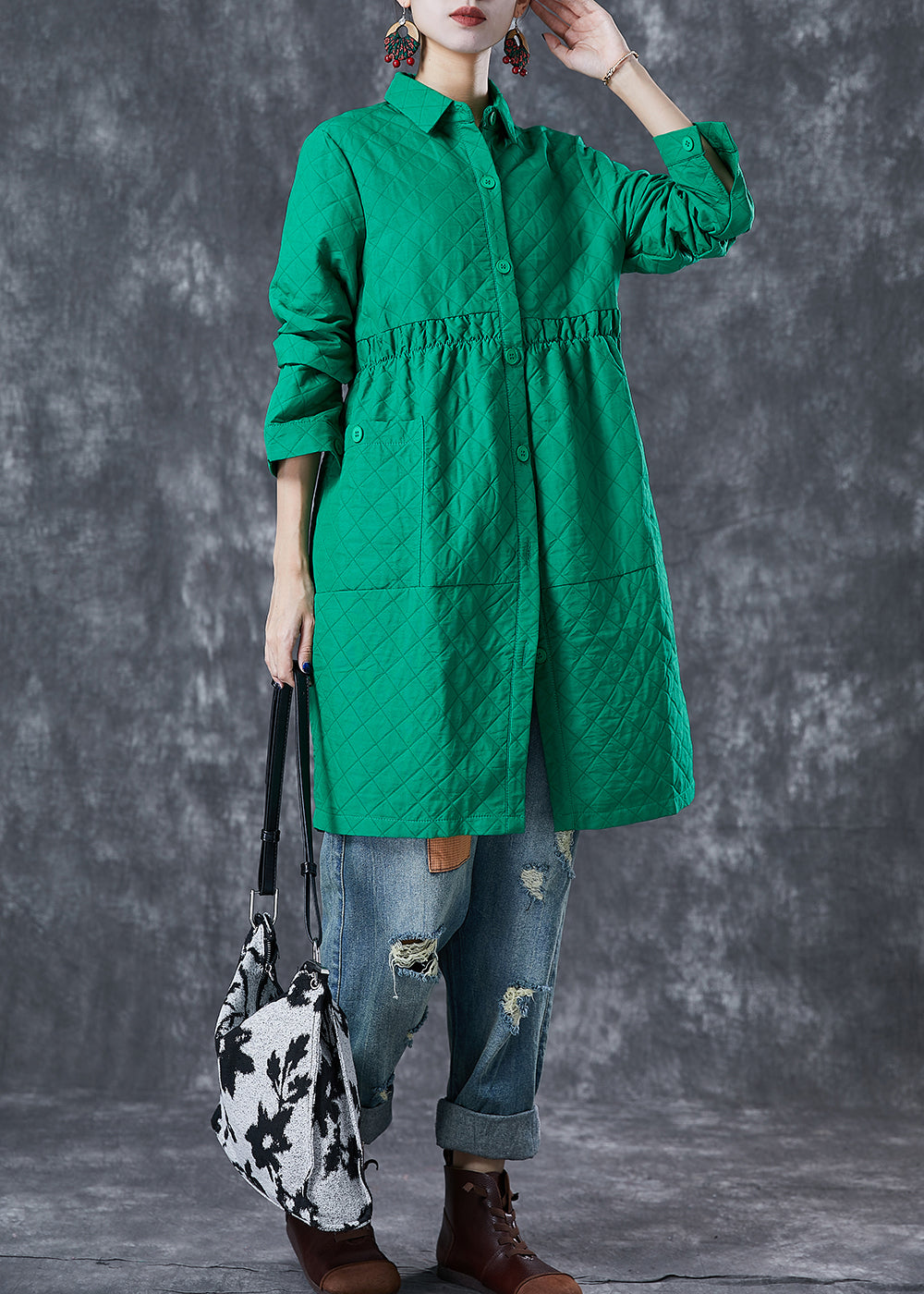 Green Peter Pan Collar Plaid Cotton Coat Fall