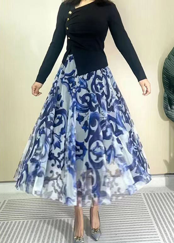 Blue High Waist Print Wrinkled Tulle Skirt Spring