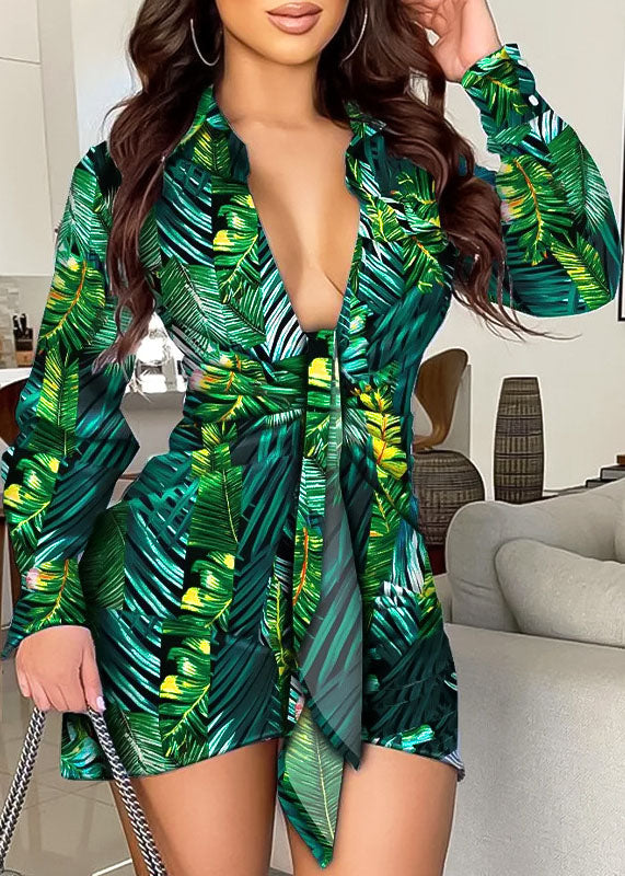 Green Slim Fit V Neck Print Dresses Long Sleeve