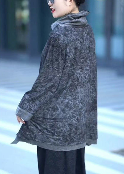 Loose Grey Turtle Neck Print Cotton Tops Fall