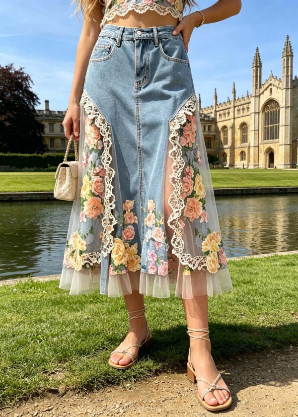 Boutique Light Blue Tulle Patchwork Flower Denim Skirts Fall