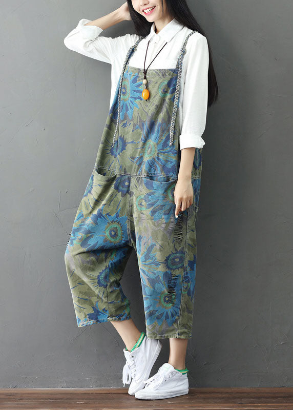 Green Print Cotton Denim Jumpsuit Ripped Jeans Spring