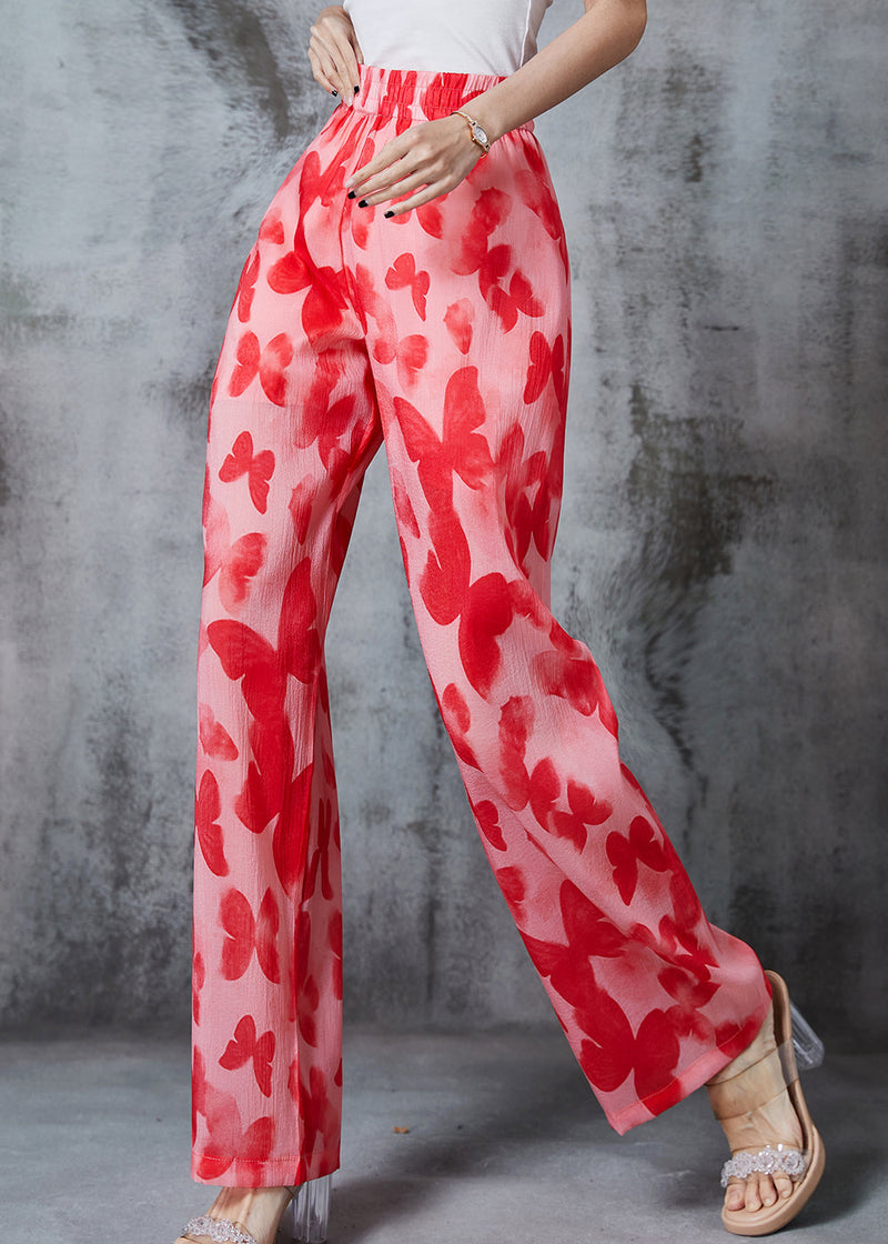 Red Print Silk Straight Pants Summer