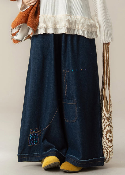 Dark Blue Pockets Print Patchwork Denim Pants Winter