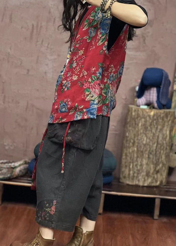 Red Asymmetrical Print Patchwork Cotton Waistcoat Sleeveless