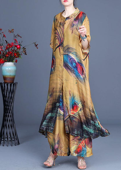 Yellow Print O-neck Silk Two Pieces Set Summer