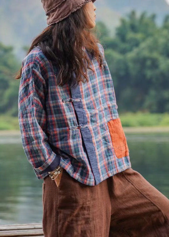 Retro Plaid Patchwork Button Pockets Fall Shirt Top