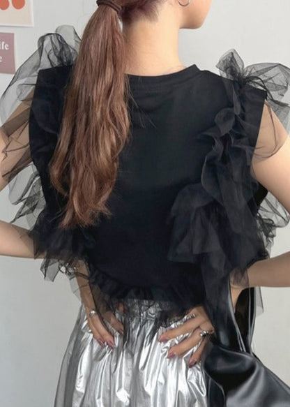 Black O-neck Patchwork Tulle Vests Summer