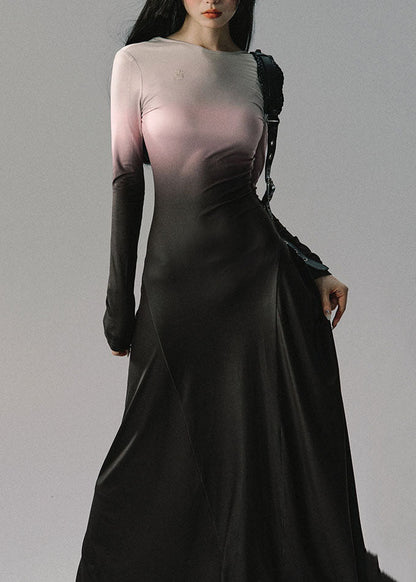 Slim Fit Gradient Color O-neck Backless Hollow Out Maxi Dresses Fall