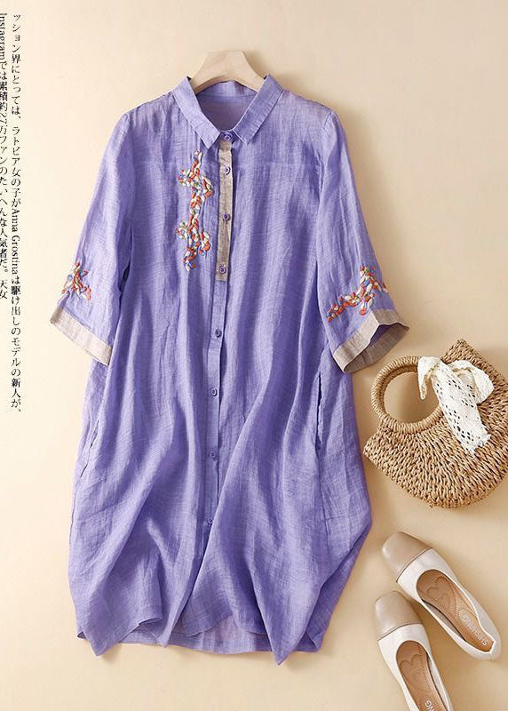 Pink Embroideried Patchwork Linen Shirt Dress Summer