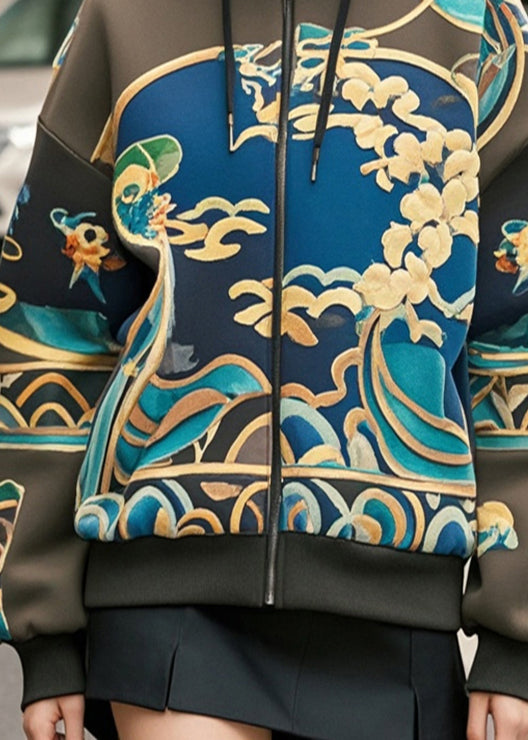 Blackish Green Oversized Print Cotton Hoodie Coat Fall