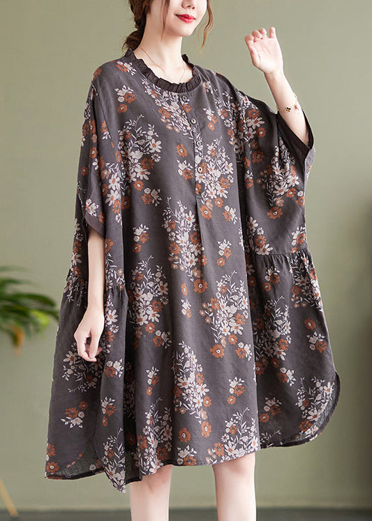 Natural Chocolate O-nec Ruffled Patchwork Print Mid Dress Half Sleeve
