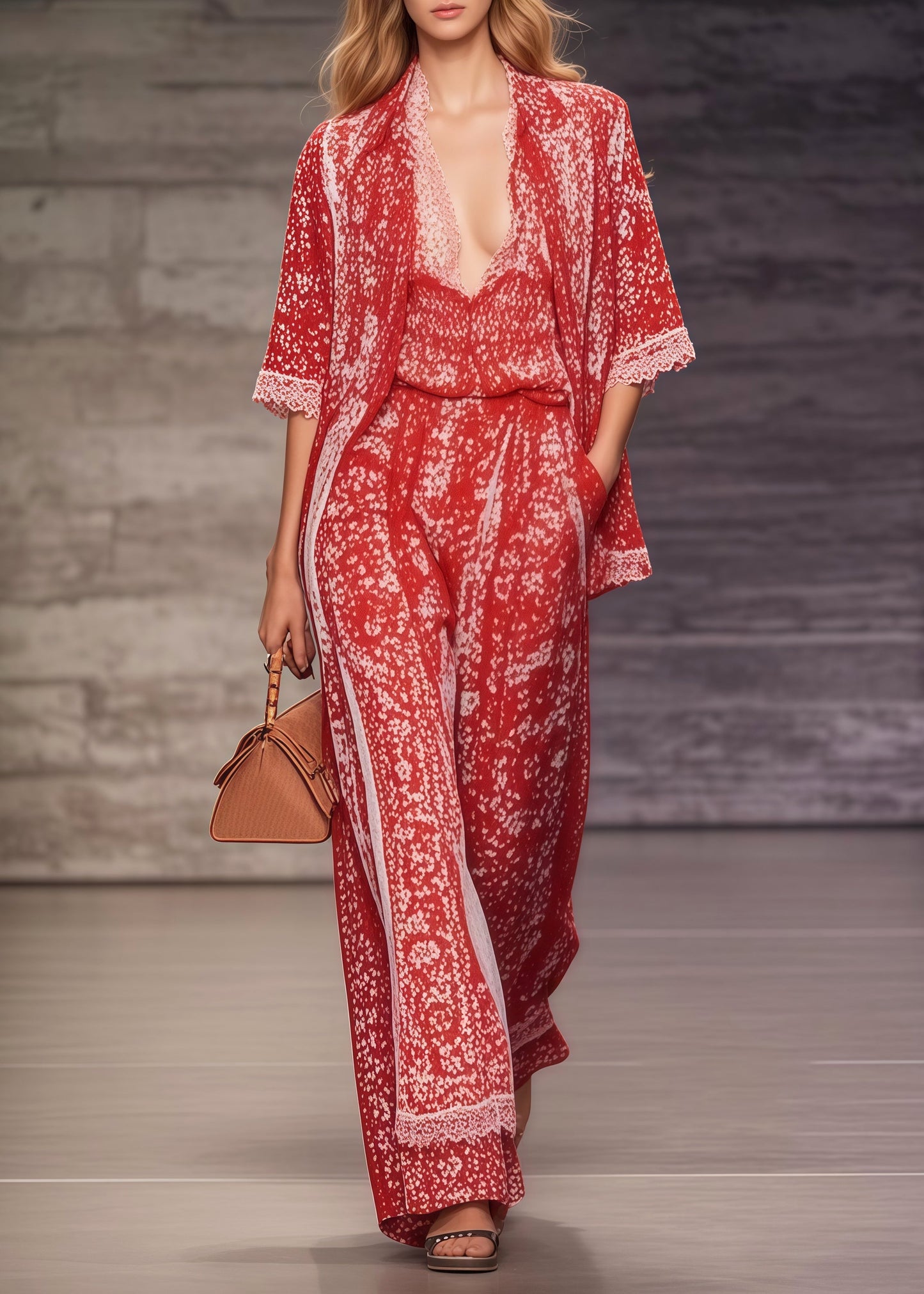 Red Oversized Print Chiffon Two Pieces Set Summer