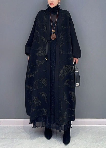 Black V Neck Print Button Maxi Coat Fall