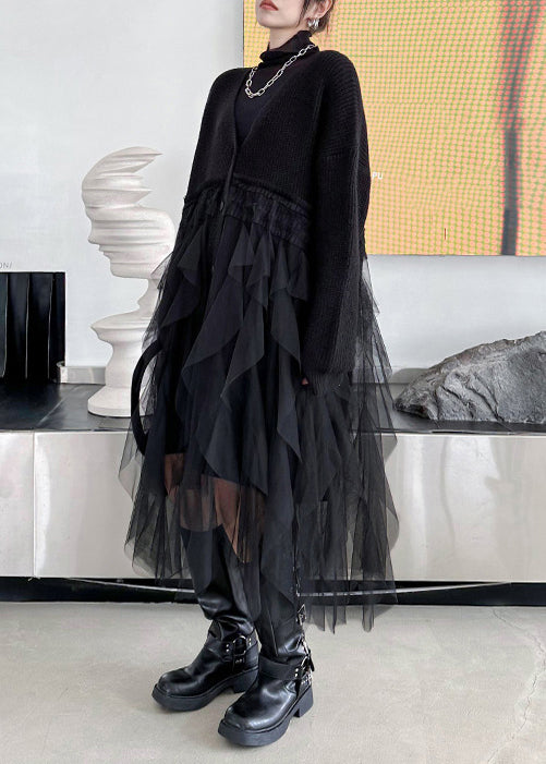 New Black V Neck Tulle Patchwork Cotton Knit Loose Cardigans Dresses Spring